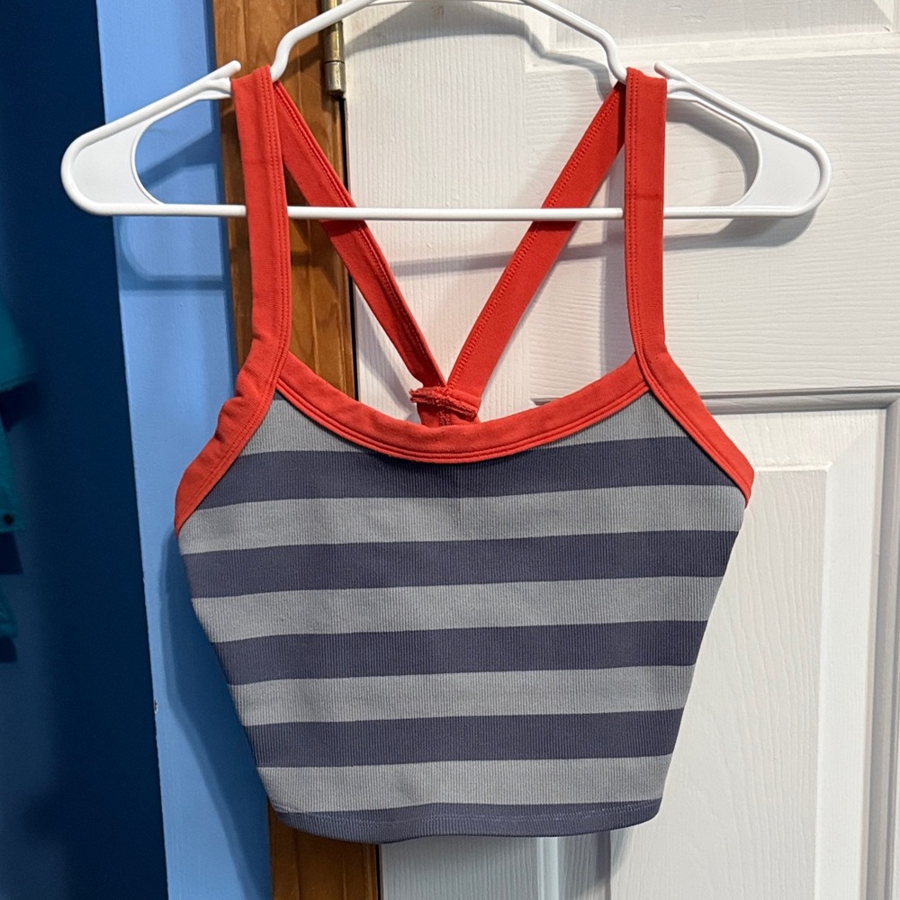 FP Movement by Free People Coral Trim Striped Gray & Navy Tank